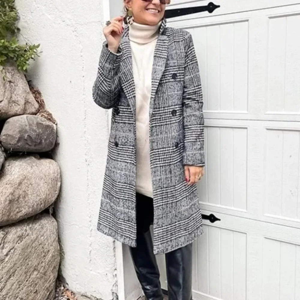 plaid Print Double Breasted Pea Overcoat jacket fall/winter - Picture 1 of 15